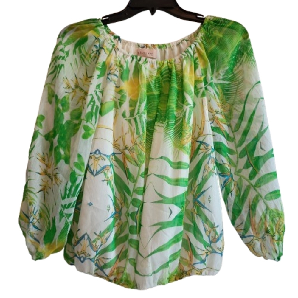 Philosophy Women’s Blouse Small Tropical Leaf Print Sheer Sleeve Lined Boho...